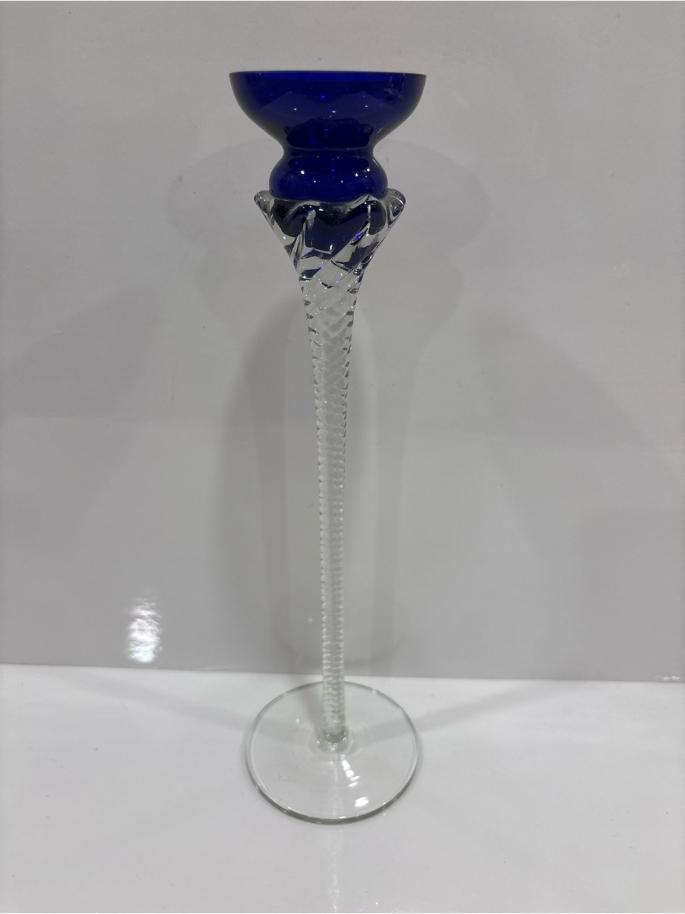 Vintage hand blown cobalt blue art glass candlestick holder twisted optic stem